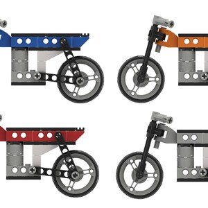 May include: Four toy motorcycles in different colors: blue, orange, red, and gray. Each motorcycle has a black frame, black wheels, and a gray seat.