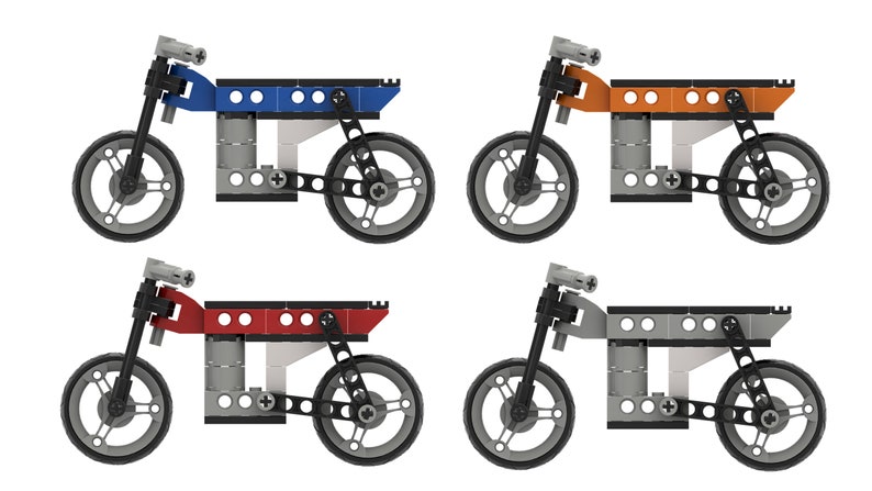 May include: Four toy motorcycles in different colors: blue, orange, red, and gray. Each motorcycle has a black frame, black wheels, and a gray seat.