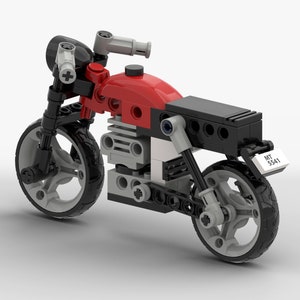 May include: A red and black Lego motorcycle with a black seat and a license plate that reads "MT 5541".