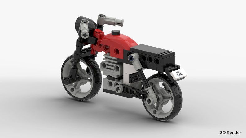 May include: A red and black Lego motorcycle with a black seat and a license plate that reads "MT 5541".