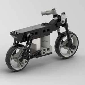 May include: A black and gray LEGO motorcycle model with a detailed design. The motorcycle has a black seat, black handlebars, and gray wheels.