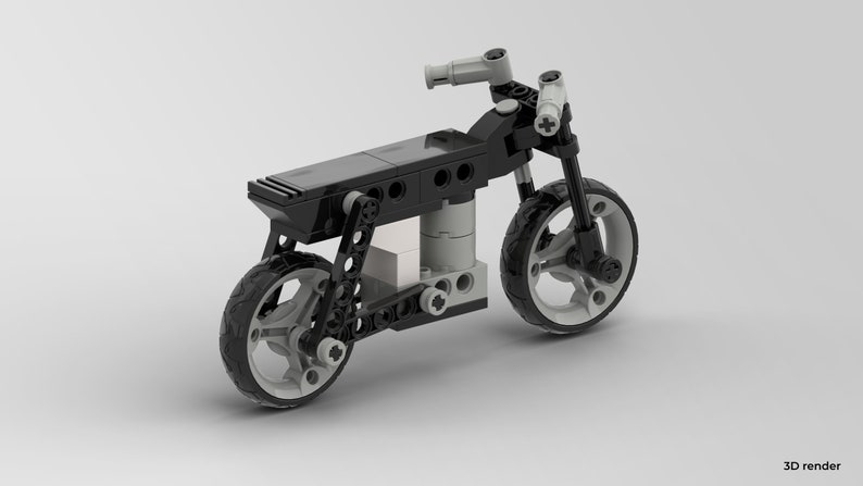 May include: A black and gray LEGO motorcycle model with a detailed design. The motorcycle has a black seat, black handlebars, and gray wheels.