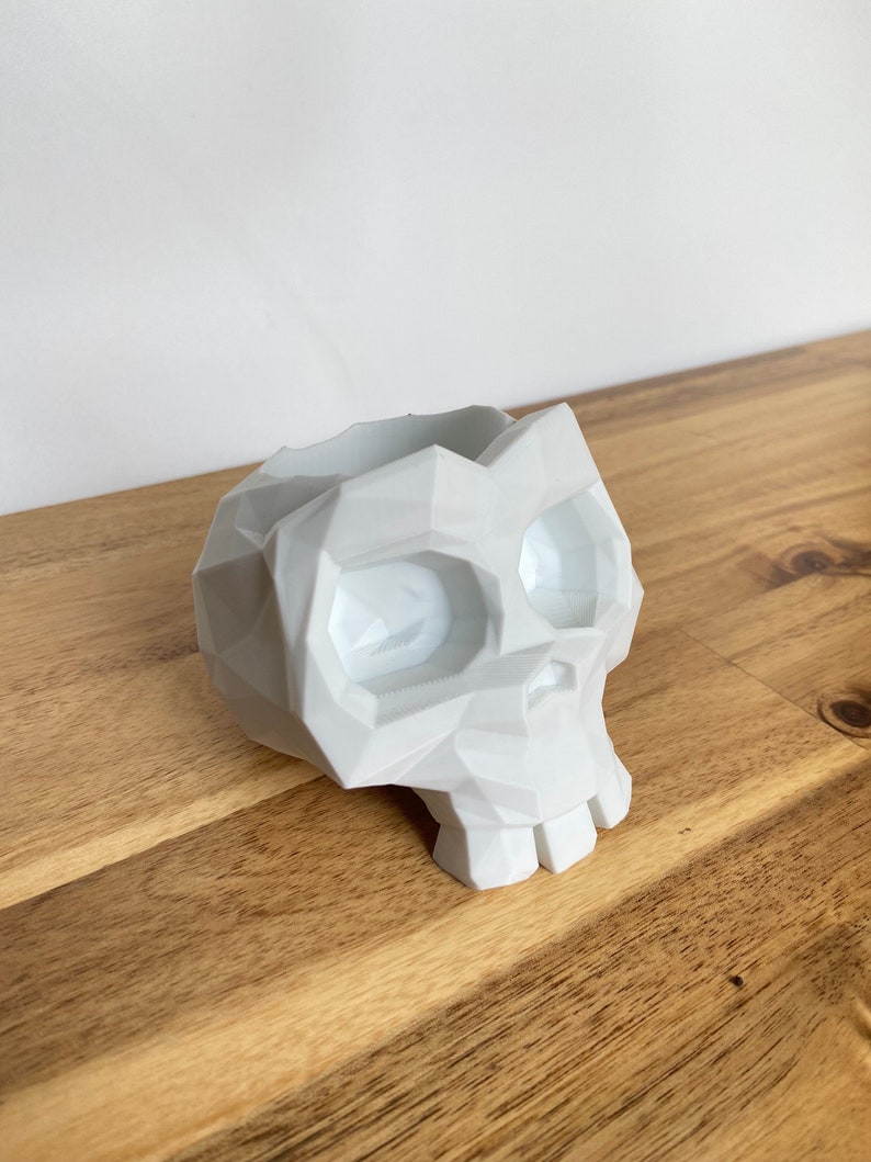 Op de afbeelding: Witte keramische schedel plantenbak met een geometrisch ontwerp. De plantenbak heeft een uitgeholde bovenkant om te planten.