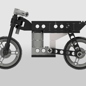 May include: A black and gray Lego motorcycle model with a detailed engine and wheels.
