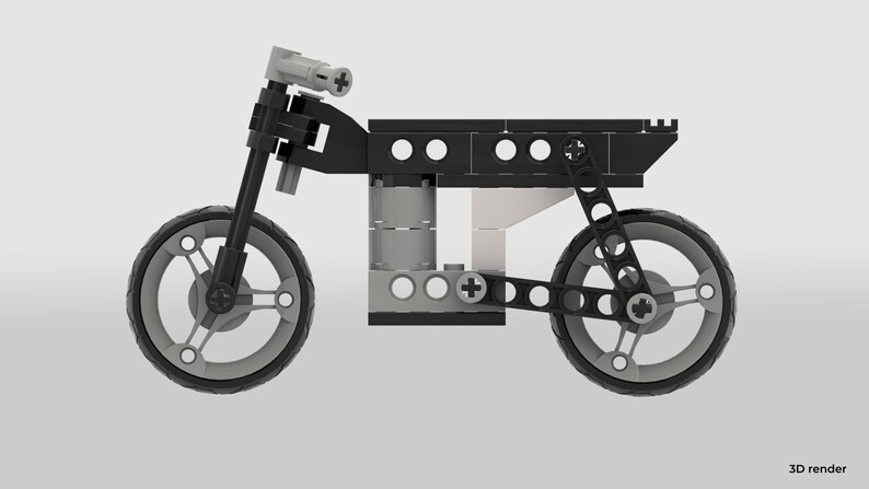 May include: A black and gray Lego motorcycle model with a detailed engine and wheels.
