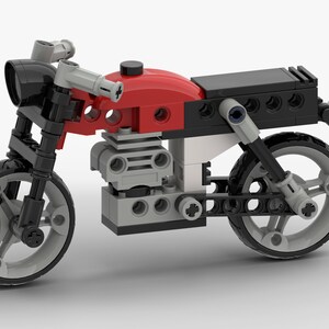 May include: A red, black, and gray Lego motorcycle model with a black headlight and black wheels.
