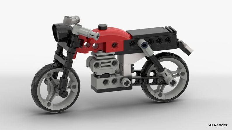 May include: A red, black, and gray Lego motorcycle model with a black headlight and black wheels.