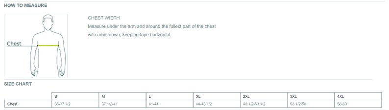Puede incluir: Tabla de tallas para ropa con medidas en pulgadas para tallas de pecho S, M, L, XL, 2XL, 3XL y 4XL. La tabla muestra las medidas de pecho correspondientes en pulgadas para cada talla.