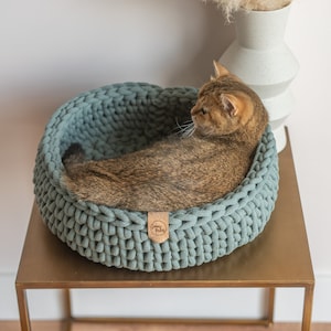 May include: A round, teal-colored cat bed made of thick, woven material. A brown tabby cat is curled up inside the bed. A small, round, brown tag is attached to the bed. A white vase with dried flowers is in the background.
