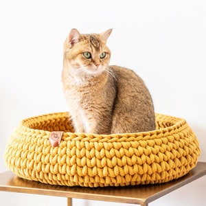 Paniers pour chats faits à la main en coton recyclé grossièrement crocheté plusieurs couleurs Jaune