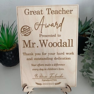 Great Teacher Wood Engraved Plaque Gift Award Teacher