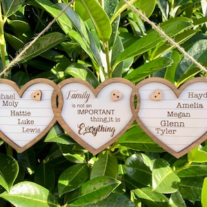Personalised Family Plaque Wooden Hearts Gift Hanging Decoration With Names, family tree