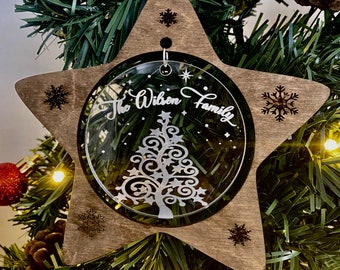 Personalised Christmas Bauble Tree Decoration Wood Family Xmas Gift