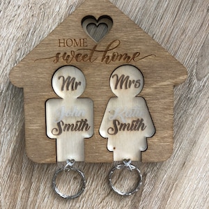 Personalised Mr & Mrs Keyrings wooden holder, wedding gift , new house gift