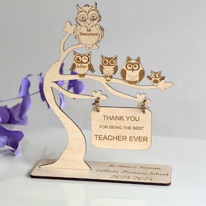 Cadeau de remerciement personnalisé pour enseignant, arbre en bois, hiboux, aide-enseignante en maternelle, cadeau de fin d'école