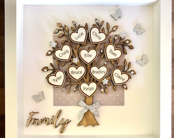 Personalized Family Tree 3D Box Frame, Engraved Hearts Gift