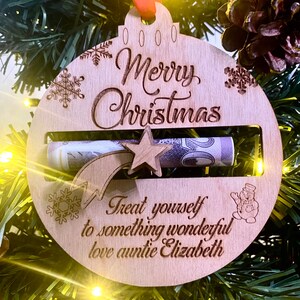 Personalised Christmas Bauble Tree Decoration Wood  Xmas Gift Money Holder