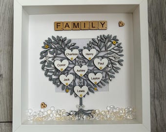 Personalized 3D Family Tree Box Frame, Engraved Hearts