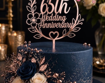 65th Wedding Anniversary Cake Topper, Personalised Wooden Cake Topper, Diamond Wedding Decor, Floral Anniversary Cake Decoration
