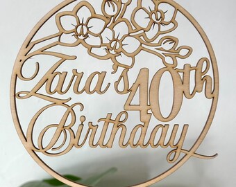 Personalized Wooden Birthday Cake Topper, Floral Design