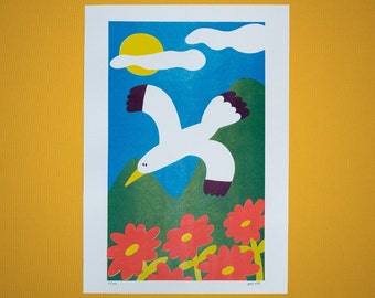 Vogel and Landschaft Risograph Print, Bunte Blumenwand Kunst, A3