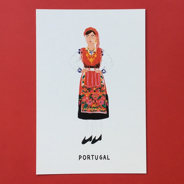 Postkarten Portugesische Trachten Portugal, Portugal Postkarte, portugiesische Kleidung, portugiesische Volkstracht, Portugal-Illustration