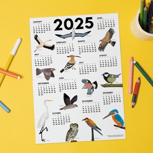 Calendario imprimible de aves 2025, calendario anual imprimible, calendario vertical estético, calendario de pared digital, calendario anual A3 imprimible 2025