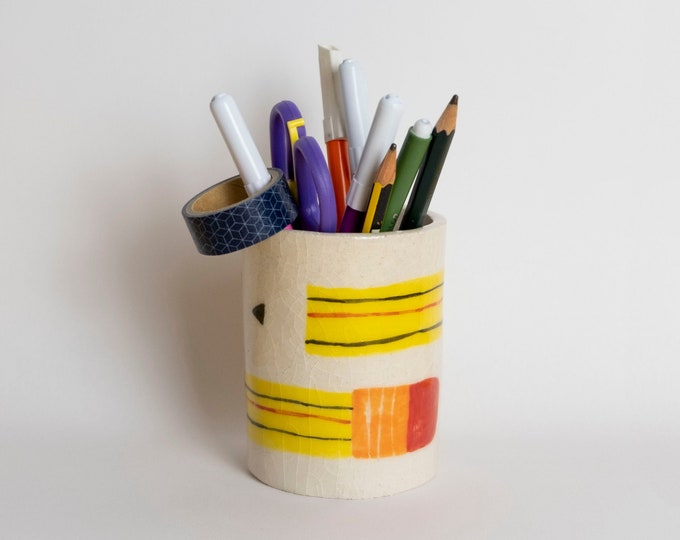 Pencil cup, handmade ceramic pencil holder, pencil Desk cup, ceramic pen holder, office desk decor, illustrated desk mug, handmade pottery