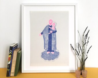 Impression St Joseph, impression risographe, impression riso A3, art religieux moderne, cadeau de pendaison de crémaillère, cadeau de confirmation, art mural chrétien, riso rose