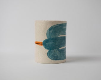Blue Bird Cup Pen pencil Holder Desk - Ceramic Piece illustrated mug pencil