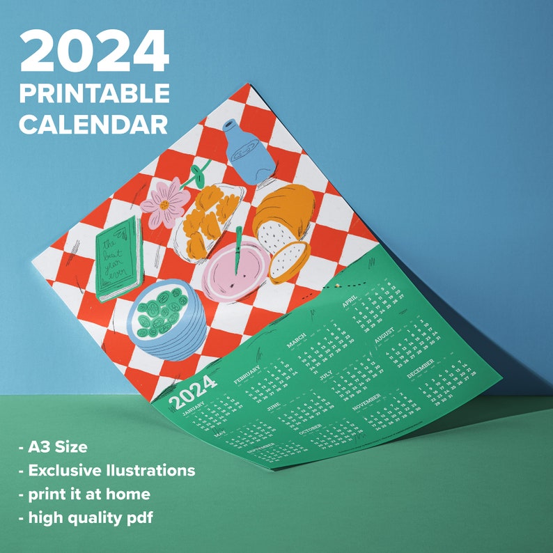 Fun Picnic 2024 Printable Calendar, 2024 Year Calendar, A3 Calendar, Artist Calendar, Kitchen