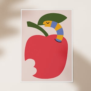 Illustrazione di mela e verme, stampa di animali, decorazioni per camerette, decorazioni per sala giochi, poster di animali, arte murale colorata, cameretta dei bambini, parete della cucina, decorazioni per la casa