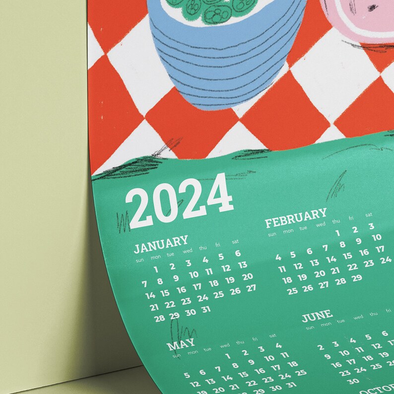 Fun Picnic 2024 Printable Calendar, 2024 Year Calendar, A3 Calendar, Artist Calendar, Kitchen