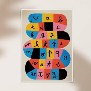 Ilustración de gusano en póster ABC, estampado animal, decoración de habitación infantil, póster de animales, arte mural colorido, habitación infantil, impresión A3, impresión del alfabeto