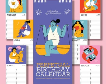 perpetual birthday calendar, printable perpetual calendar, astrology calendar, undated planner, perpetual calendar, printable calendar, pdf