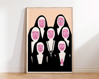 Nuns poster faces friendly A3 Print nun religious wall art print, funny nun