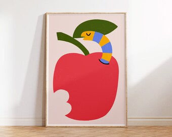 worm apple illustration, animal print, kids room decor, playroom decor, animal poster, colourful wall art, nursery, kitchen wall, home decor