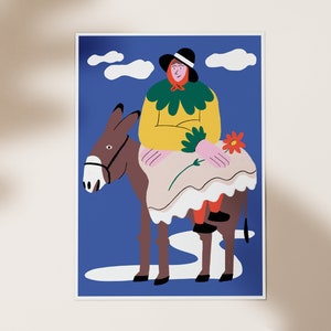 woman and donkey wall art, colourful animal poster, animal poster, farmhouse decor, kids wall art, playroom wall decor, nursery wall decor