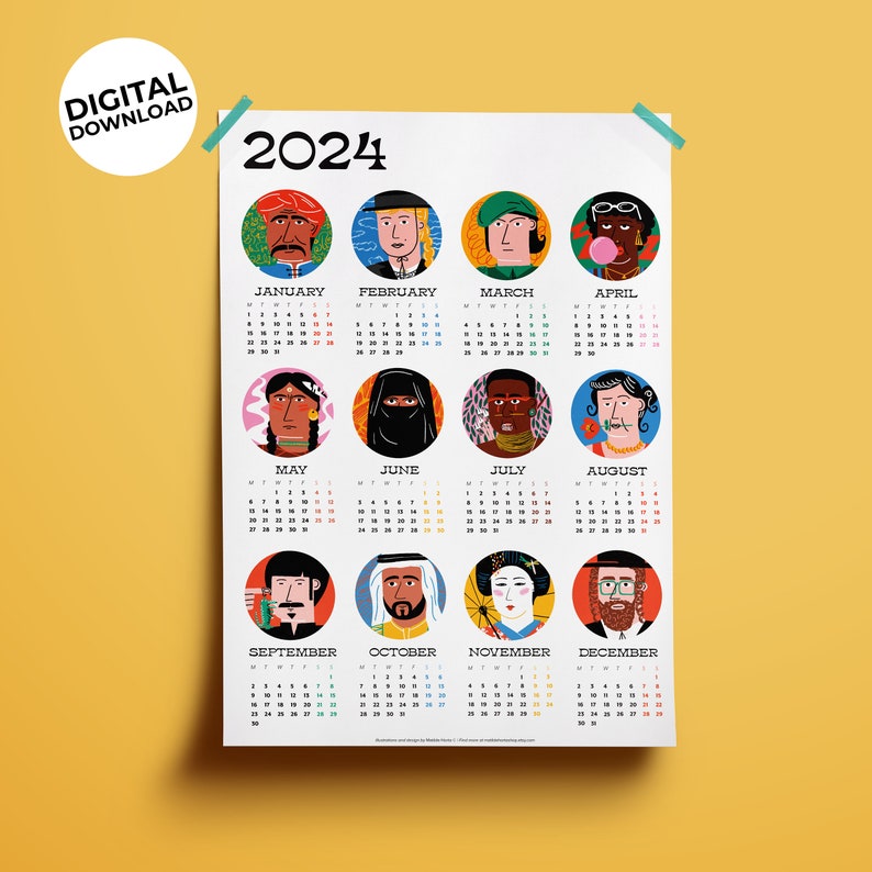 People 2024 Printable Calendar, 2024 Year Calendar, A3 Calendar, Artist