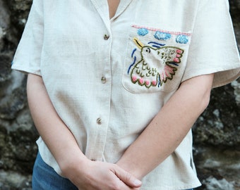 hand embroidered shirt, second hand clothes, upcycled clothes, linen blouse, embroidered blouse, embroidered cotton blouse, hand embroidery