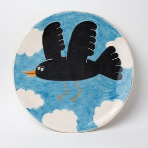black bird, crow, decorative ceramic plate, handmade ceramic plate, ceramic wall plate, stoneware plate, pottery plate, wall hanging