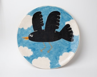 black bird, crow, decorative ceramic plate, handmade ceramic plate, ceramic wall plate, stoneware plate, pottery plate, wall hanging