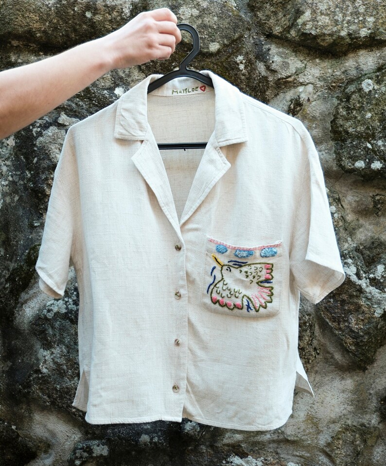 camisa bordada a mano, ropa de segunda mano, ropa reciclada, blusa de lino, blusa bordada, blusa de algodón bordada, bordado a mano imagen 9