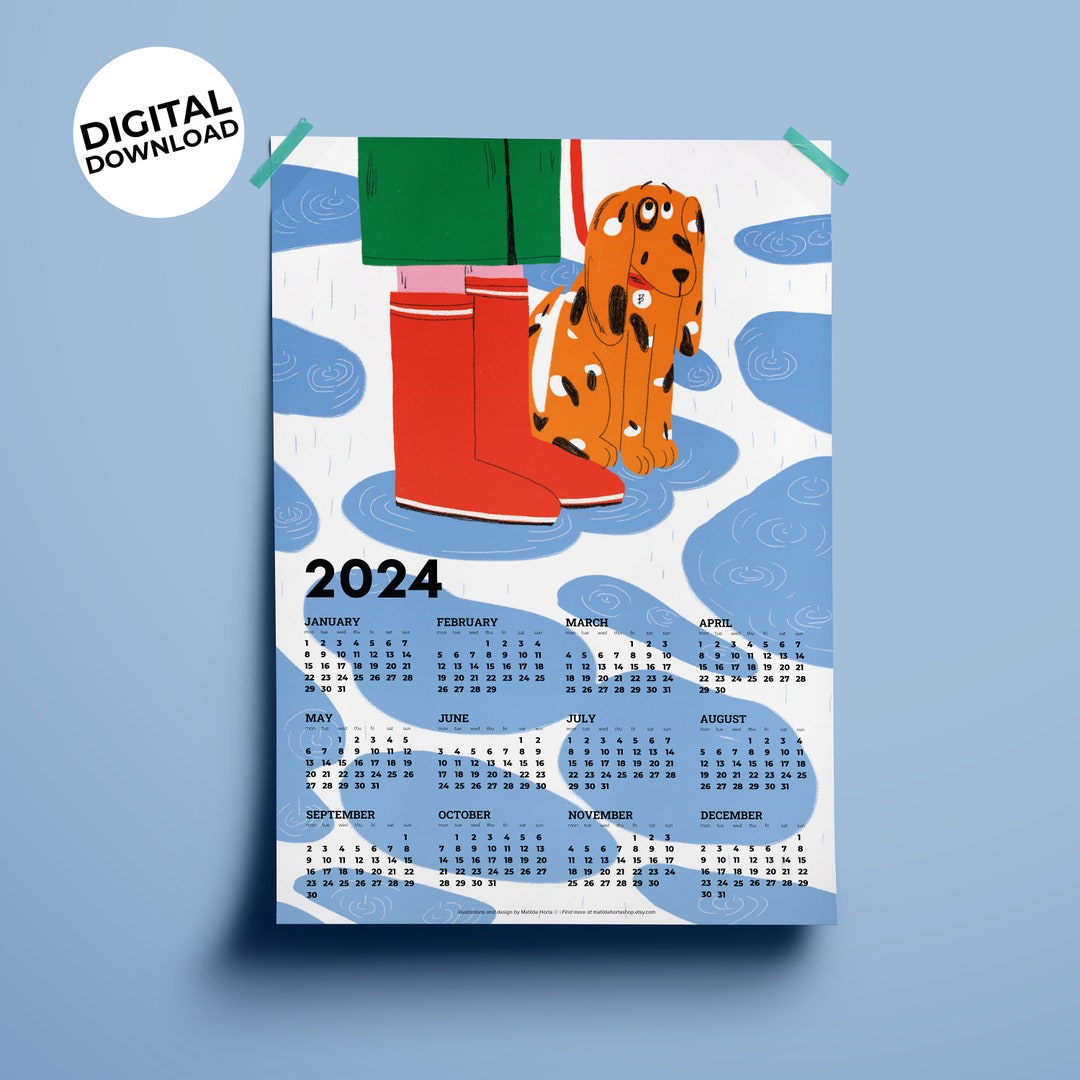 Dog Printable Calendar, 2024 Year Calendar, A3 Calendar, Whole Year