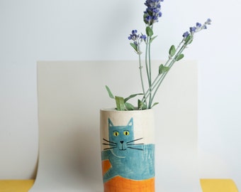 cat ceramic, ceramic vase handmade, pencil holder, desk organizer, kitchen organizer, handmade pottery, handmade cup, stoneware, pottery