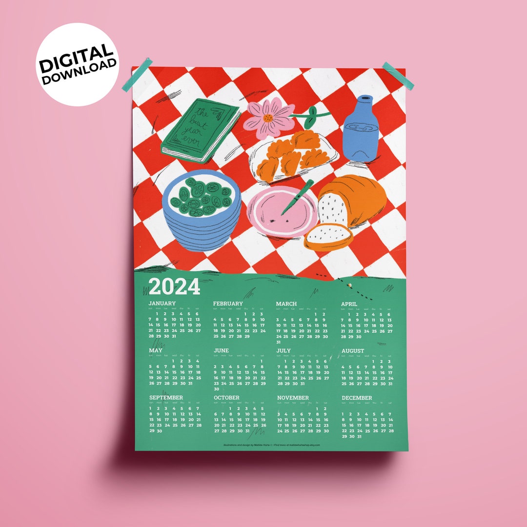 Fun Picnic 2024 Printable Calendar, 2024 Year Calendar, A3 Calendar