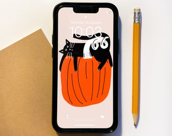 fondo de pantalla de Halloween, fondo del teléfono, fondo de pantalla de gato, fondo de pantalla boho, pantalla de inicio del iPhone, fondo de pantalla del iPhone, esfera del reloj de Apple, iPhone del gato