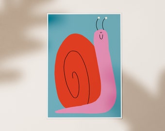 Puede incluir: Una ilustración caprichosa de un caracol rosa con una concha roja sobre un fondo azul. El caracol tiene una cara sonriente y dos antenas.