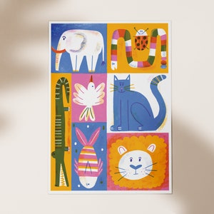stampe di animali carini e colorati, stampe di animali a blocchi, decorazioni murali per la sala giochi, arte murale per bambini, stampe di animali per bambini, grandi stampe per la cameretta dei bambini, cameretta dei bambini
