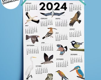 Birds 2024 Printable calendar, 2024 Year Calendar, A3 calendar, educational poster, yearly calendar, boho design, digital download PDF